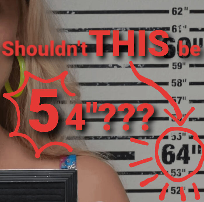 Close-up of a movie height chart with a mismatched 5'4" label highlighted, showing questionable movie details mocked online.