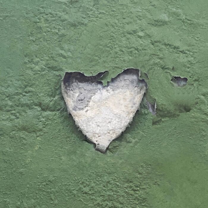 Heart-shaped peeling paint on a green wall, captured by Jose Ruiz González.
