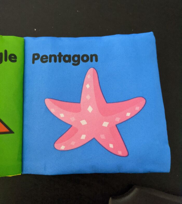 Poorly written or designed book page showing a starfish labeled as "Pentagon," highlighting an error.