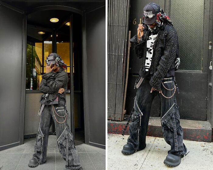 Person taking fashion risks with a bold street style, featuring oversized denim and layered accessories.