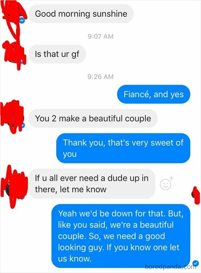 Chat screenshot of women responding assertively to an unsolicited message.