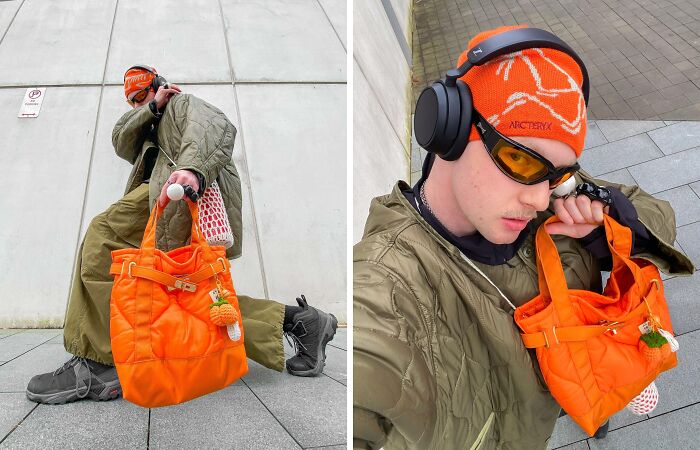 Person showcasing fashion risks with orange accessories, green coat, futuristic sunglasses, and headphones.