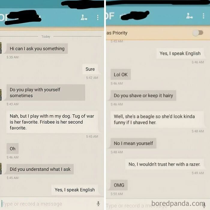 Text exchange where women humorously counter creepy DMs about playing with themselves and shaving habits.