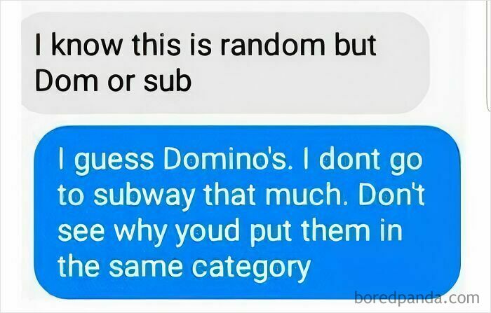 Screenshot of a woman cleverly responding to a creepy DM with humor, mixing up Dom and sub with Domino's and Subway.