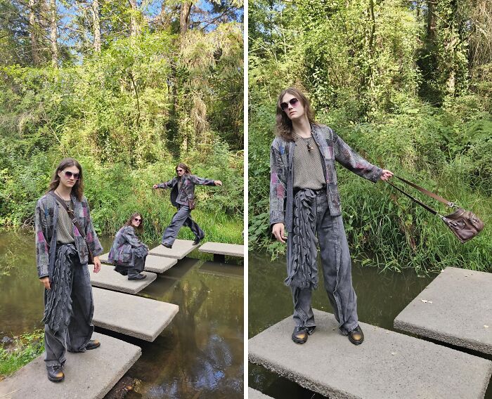 Fashion risks taken by three people near a stream, wearing eclectic outfits and sunglasses, showcasing unique style choices.