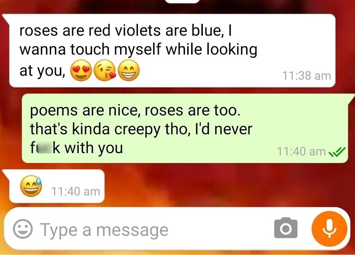 Woman responds assertively to a creepy DM with a witty comeback in a text conversation.