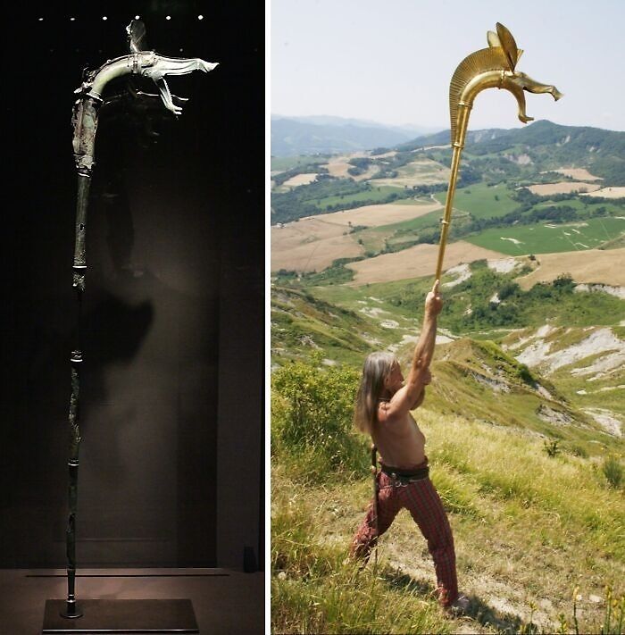 Ancient artefact: intricate staff in a museum and man holding a replica against a scenic mountain backdrop.