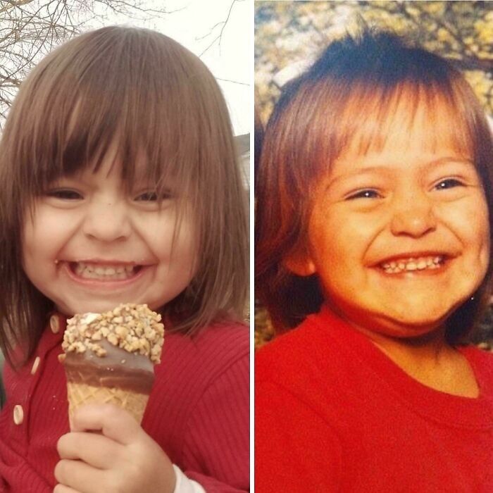 Child smiling in red shirt holding ice cream, next to a childhood photo, recreating past photograph.