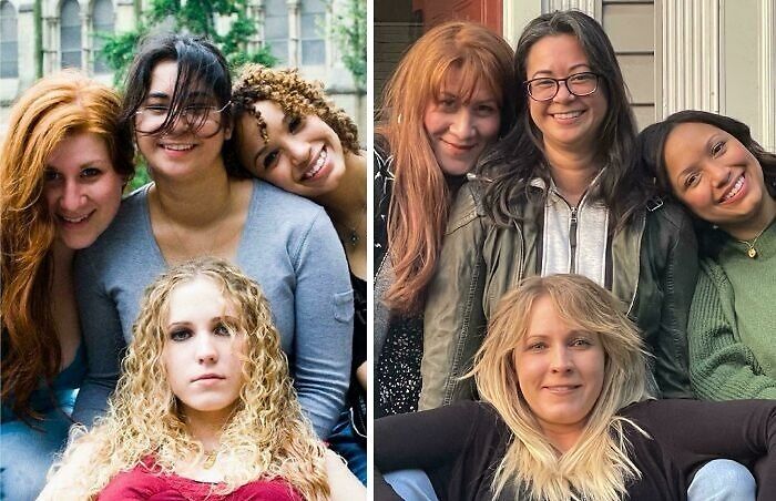 Four women recreating a past photograph, smiling in similar poses, with one in front and three behind her.