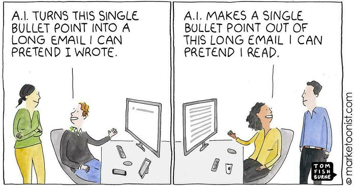 Cartoon about programmers: AI expands a bullet point into a long email; AI shortens the email into a bullet point.