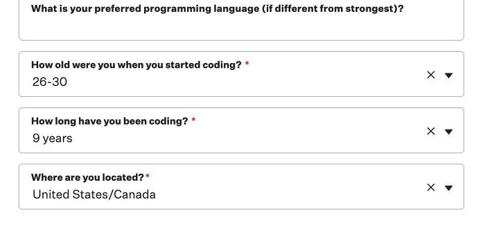 Online form showing questions about coding experience and location, illustrating outrageous job requirements in hiring processes.