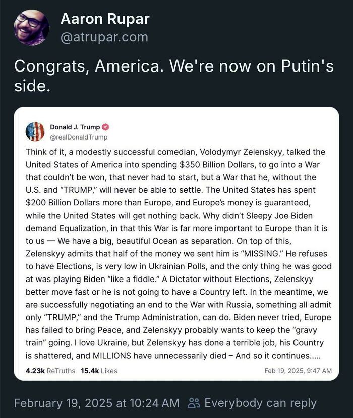 Tweet by Aaron Rupar with a post from Donald J. Trump about Ukraine, featuring a facepalm moment questioning world affairs.
