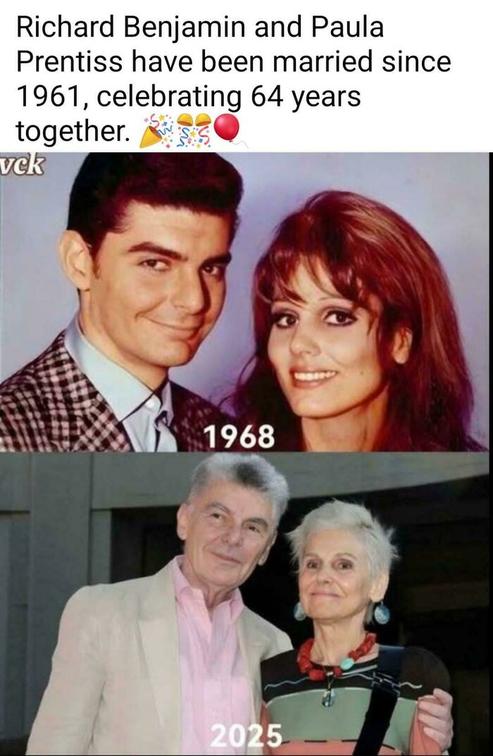 Before and after photos of a couple from 1968 to 2025, capturing a sense of feeling old.