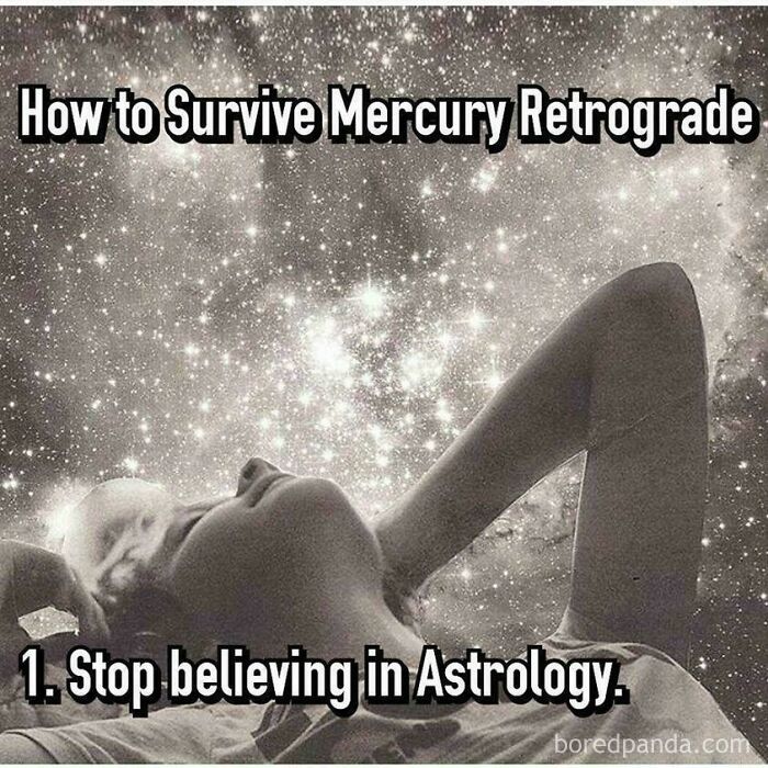 Person lying back with eyes closed against a starry sky background in a hilariously random astrology post.