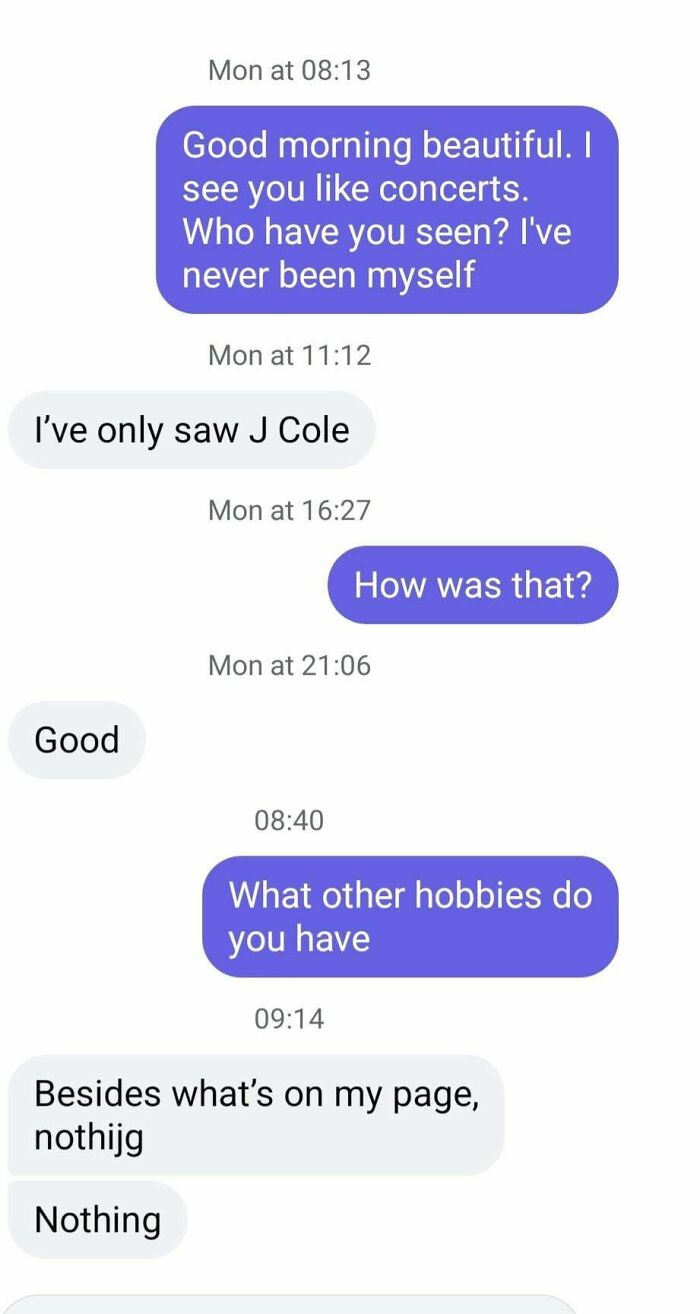 Text conversation about concerts and hobbies, mentioning J Cole.