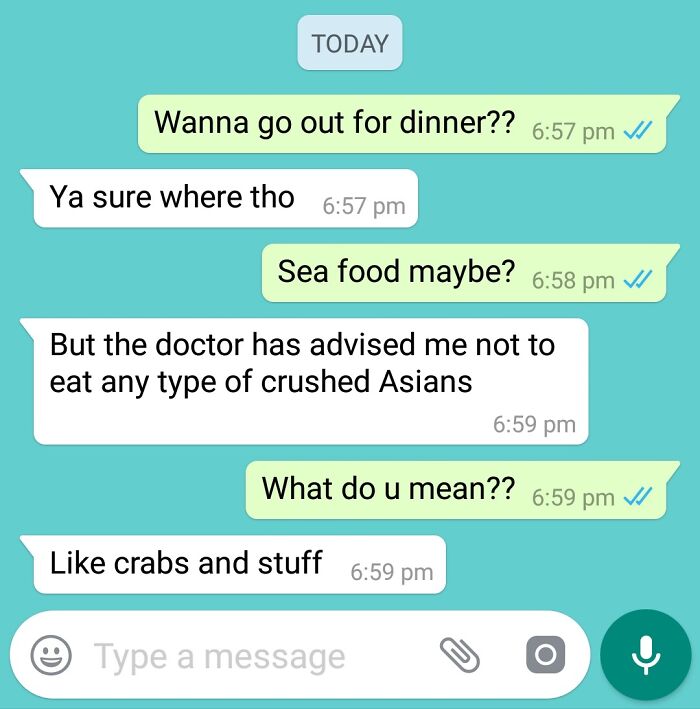 Text conversation with a spelling error about "crushed Asians" instead of "crustaceans," showcasing ridiculous word spellings.