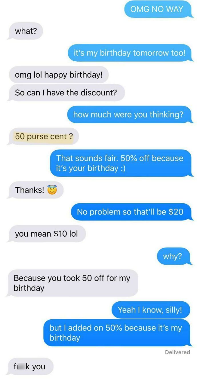 Text conversation highlighting ridiculous word spellings, including "50 purse cent," leading to a humorous misunderstanding.
