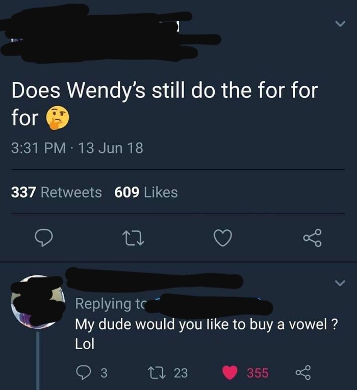 A tweet shows a confusing word spelling; someone replies humorously about buying a vowel.