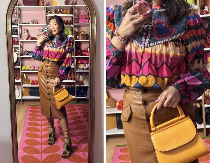 Fashion risk with colorful top and brown skirt, paired with an orange handbag and patterned boots, in a chic wardrobe setting.