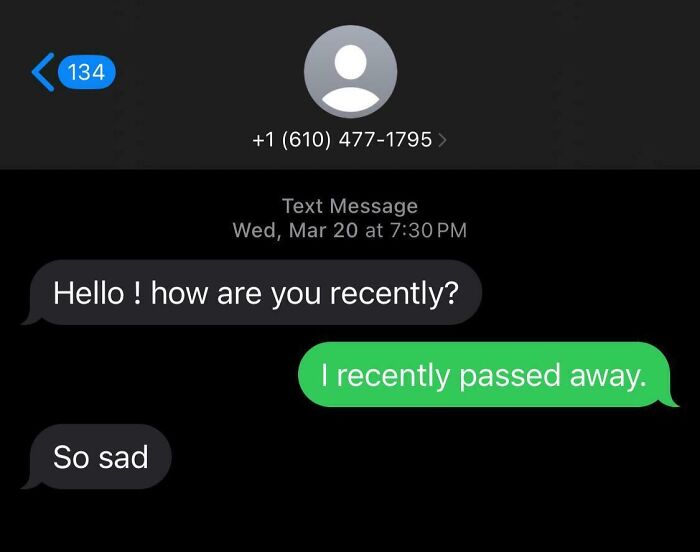 Scammer text conversation with a humorous response about passing away, creating a funny-scammer-responses moment.