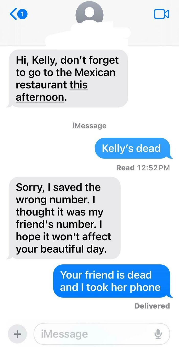 Text exchange with funny-scammer-responses about a wrong number involving Kelly.