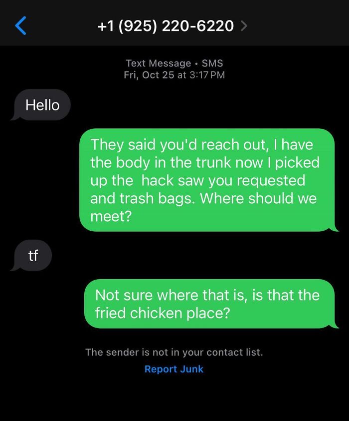 Text exchange showing a comedic reply to a scammer, discussing meeting at a fried chicken place.