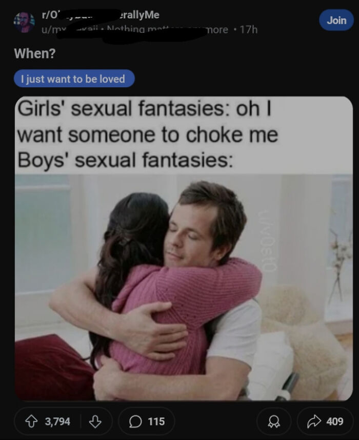 A couple hugging with closed eyes, depicting contrasting views on girls’ fantasies.