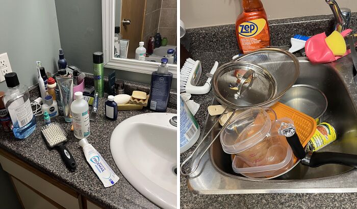 Bathroom counter cluttered with toiletries and messy kitchen sink; typical habits of annoying boyfriends and husbands.
