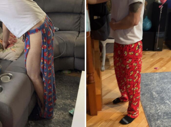 Two men in humorous outfits at home, reflecting funny moments with boyfriends or husbands.