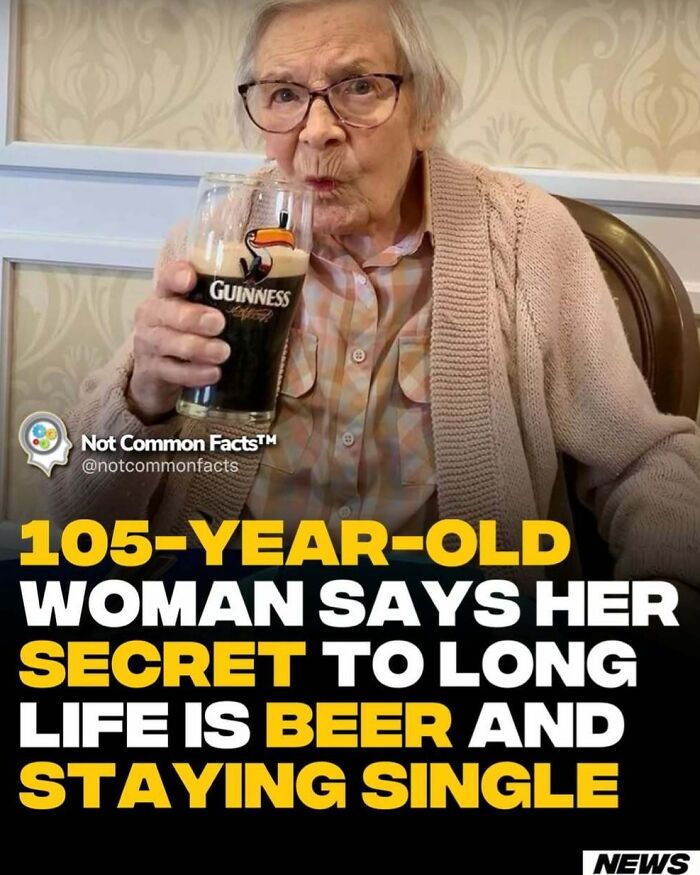 Elderly woman drinking Guinness, sharing her secrets about beer and staying single for longevity, relating to world facts curiosity.