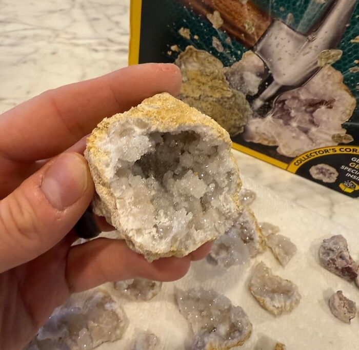 Hand holding a shiny geode, perfect gift idea for the fun aunt or uncle.