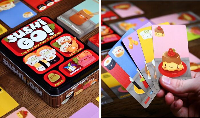 Sushi Go card game with colorful cards, perfect gift for the fun aunt or uncle.