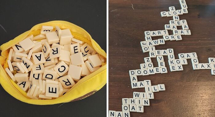 Word game tiles on a table, ideal gifts for the fun aunt or uncle looking to entertain.