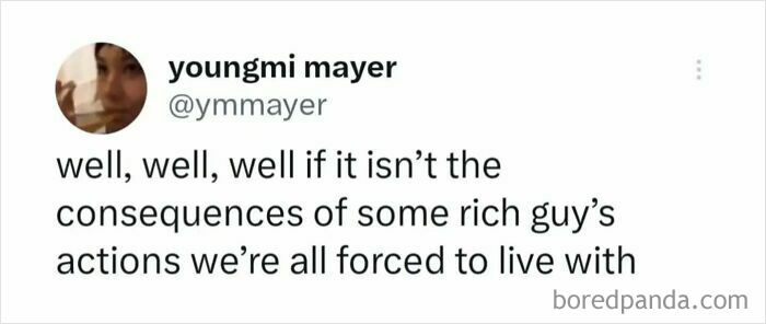 Tweet by user ymayer critiquing capitalism, highlighting the impact of wealthy individuals' actions on society.