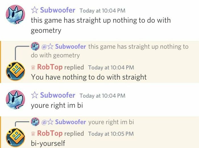 Chat exchange showcasing clever comebacks between Subwoofer and RobTop.