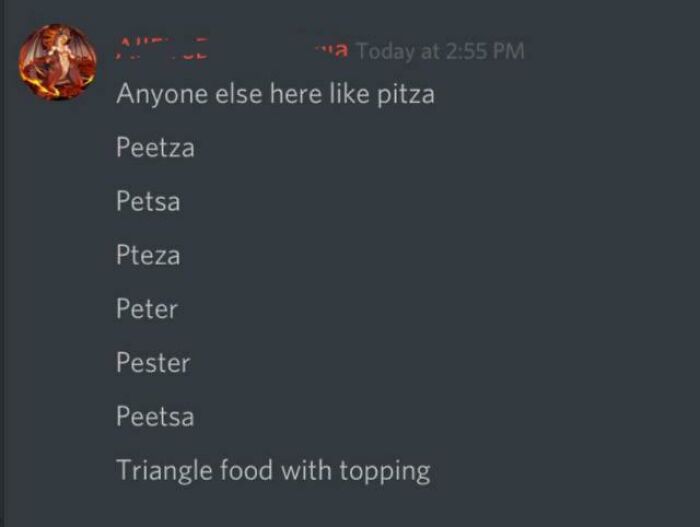 Various humorous spellings of "pizza" on a dark background, showcasing ridiculous word spellings.