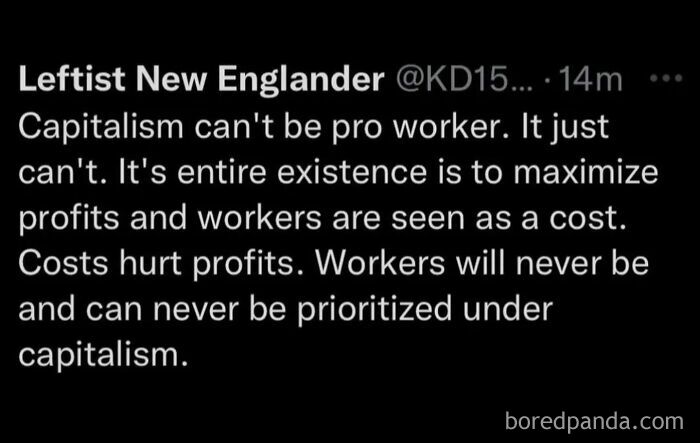 Anti-capitalism post highlighting tension between worker priorities and profit in capitalism.