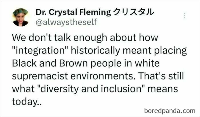 Anti-capitalism post criticizing integration and diversity practices by Dr. Crystal Fleming.