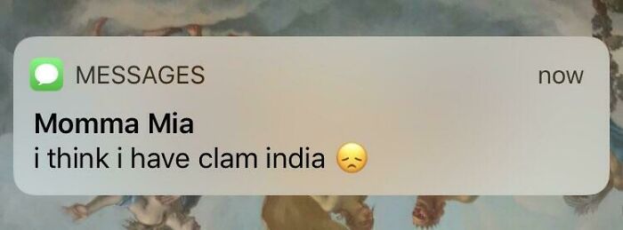 Text message with a misspelled word, "clam india," causing grammar police to cringe.