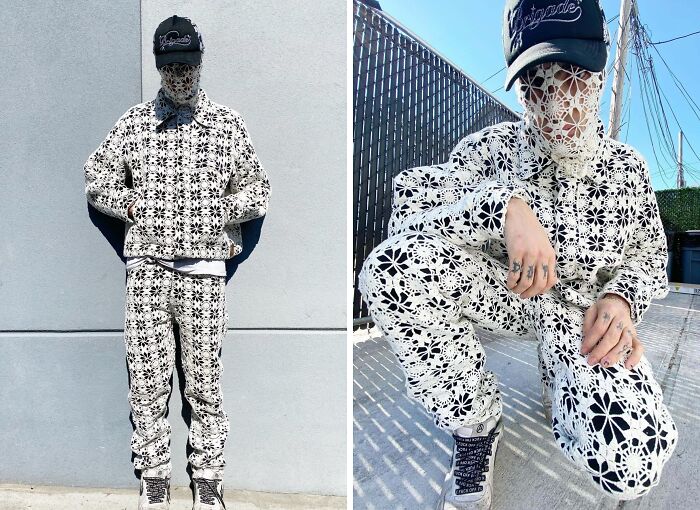 Person in bold, patterned outfit with face covering and cap, showcasing unique fashion risks outdoors.