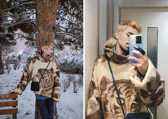 Person embracing fashion risks in a cozy animal print sweater, confidently posing outdoors and snapping a selfie indoors.