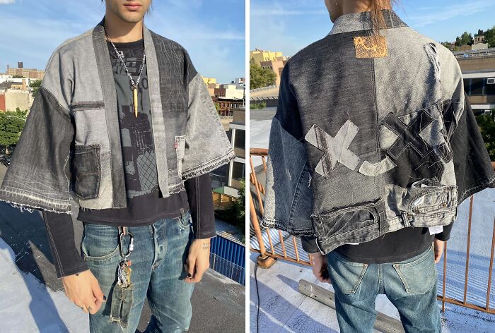 Person wearing a patchwork denim jacket and jeans, embodying a successful fashion risk.