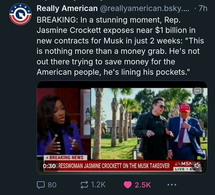 Tweet showing courage with Rep. Jasmine Crockett exposing billion-dollar Musk contracts in a bold and revealing statement.