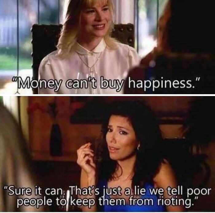 Women discussing money and happiness in a funny meme.
