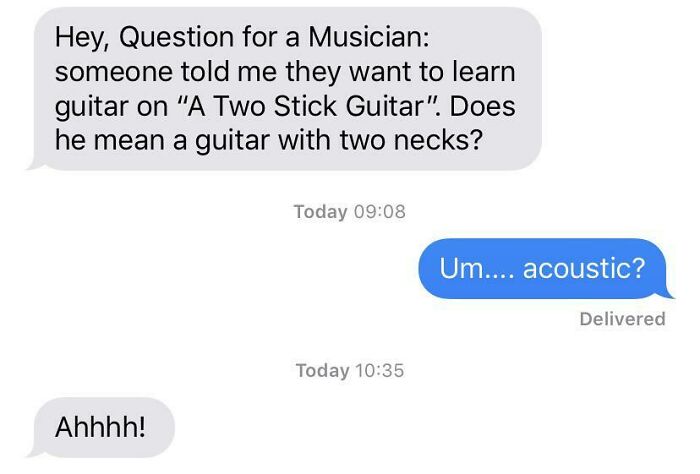 Text exchange highlighting ridiculous word spellings with a humorous misunderstanding about a "Two Stick Guitar."