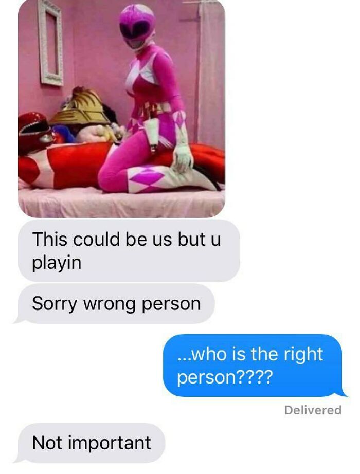 Text exchange with Power Rangers meme, showcasing a humorous wrong recipient message.