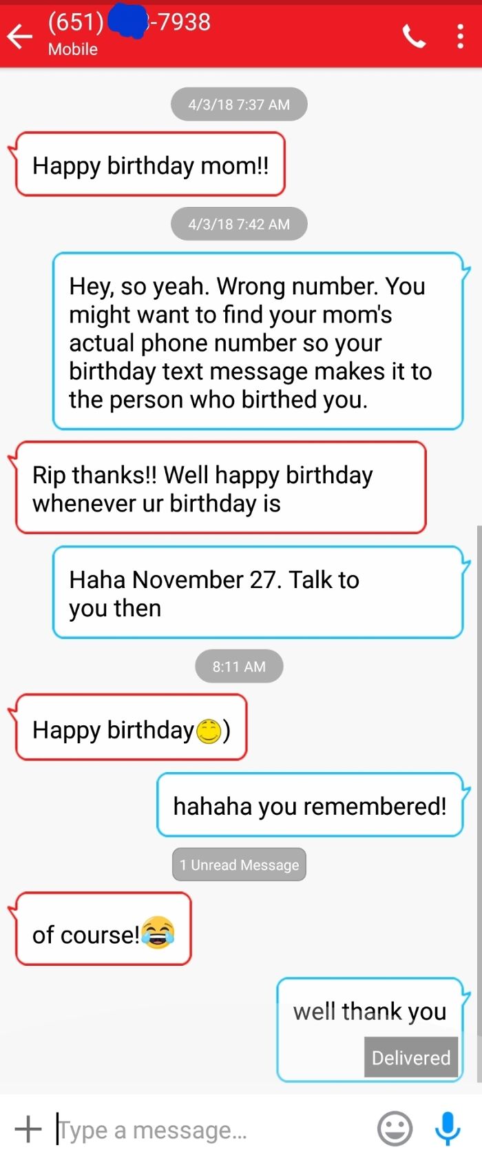 Text exchange showing funny messages sent to the wrong recipient, leading to humorous birthday conversation.