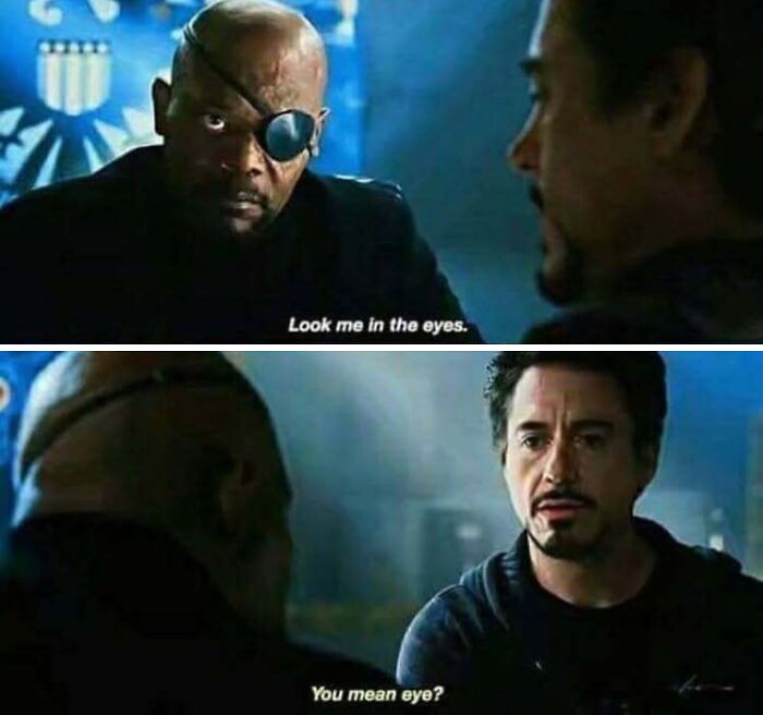 Two characters in a humorous meme scene with an eyepatch joke, showcasing random internet humor.