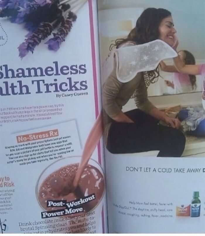 Magazine design fail with two-page ad mistakenly lining up, making a person appear to have a chocolate drink arm.