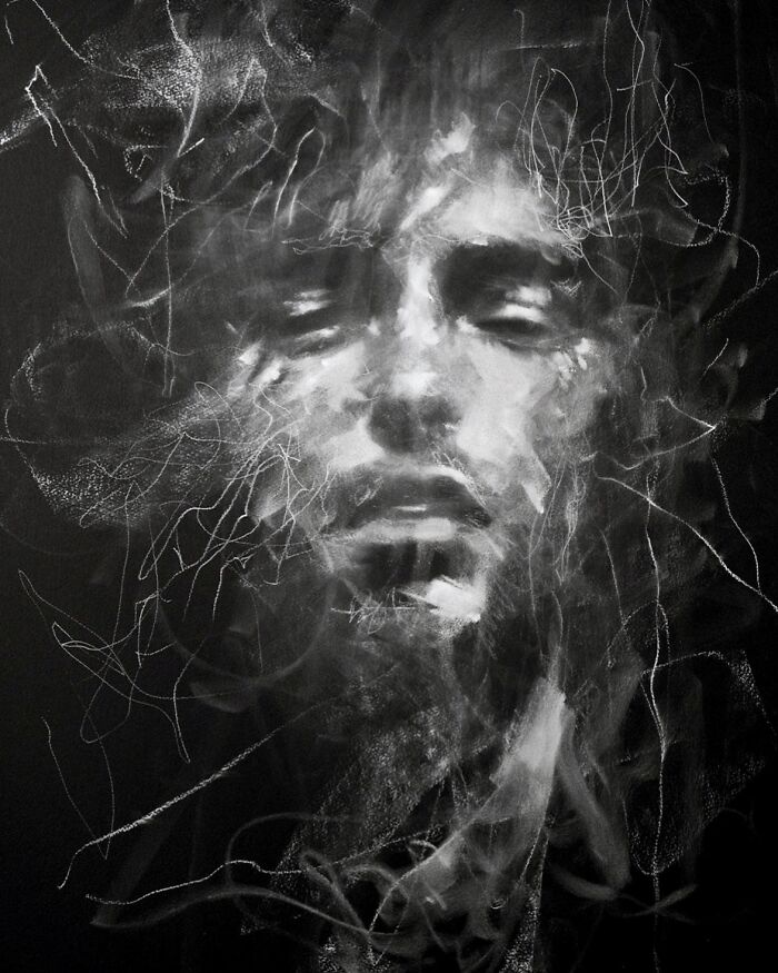 Charcoal portrait by Josh Hernandez, featuring an abstract, ethereal face with swirling lines.